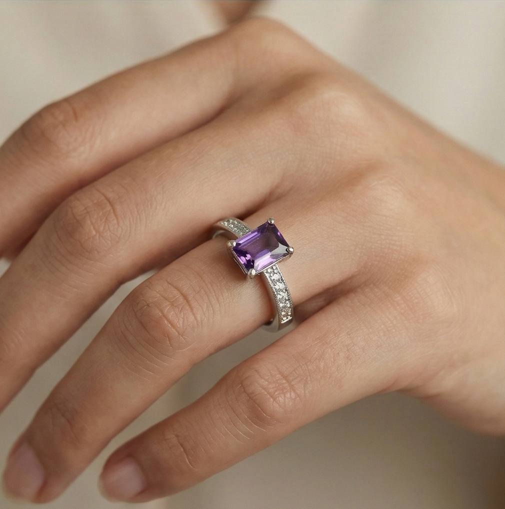 925 Sterling Silver Emerald Cut Purple Stone Adjustable Ring Jewellery for Women