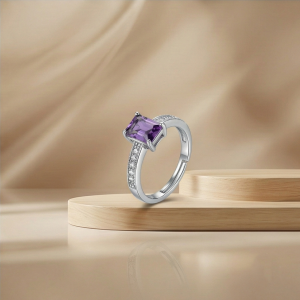AGOR 925 Sterling Silver Emerald Cut Purple Stone Adjustable Ring Jewellery for Women