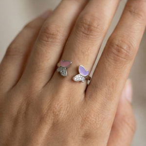 AGOR 925 Sterling Silver Pink and Purple Enamel Butterfly Open Ring Jewellery for Women
