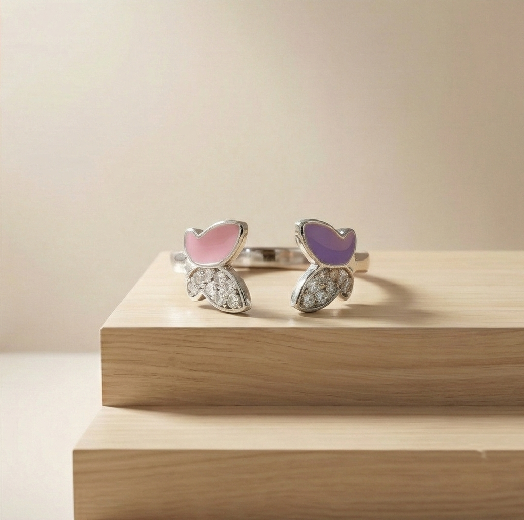 925 Sterling Silver Pink and Purple Enamel Butterfly Open Ring Jewellery for Women