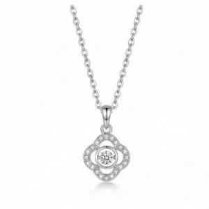 AGOR 925 Sterling Silver Dancing Stone Floral Clover Pendant Necklace Jewellery for Women
