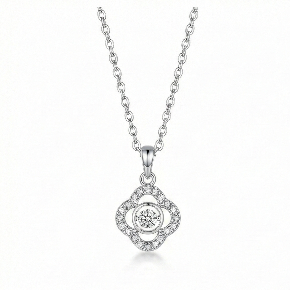 925 Sterling Silver Dancing Stone Floral Clover Pendant Necklace Jewellery for Women