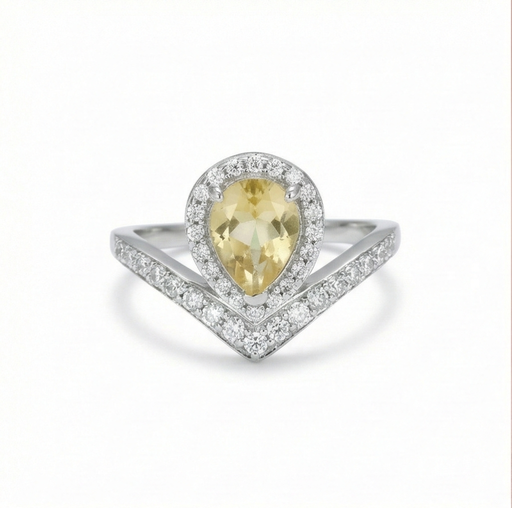 AGOR 925 Sterling Silver Pear Shaped Yellow Stone Chevron Halo Ring Jewellery for Women