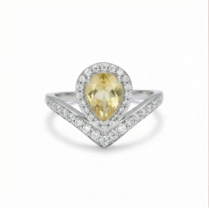 AGOR 925 Sterling Silver Pear Shaped Yellow Stone Chevron Halo Ring Jewellery for Women