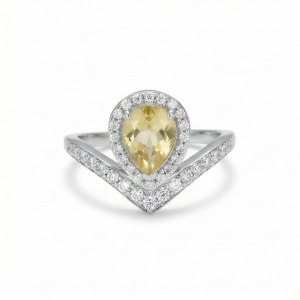 925 Sterling Silver Pear Shaped Yellow Stone Chevron Halo Ring Jewellery for Women