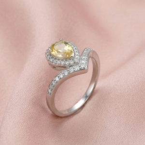 AGOR 925 Sterling Silver Pear Shaped Yellow Stone Chevron Halo Ring Jewellery for Women