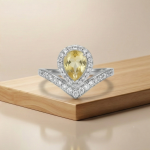 AGOR 925 Sterling Silver Pear Shaped Yellow Stone Chevron Halo Ring Jewellery for Women