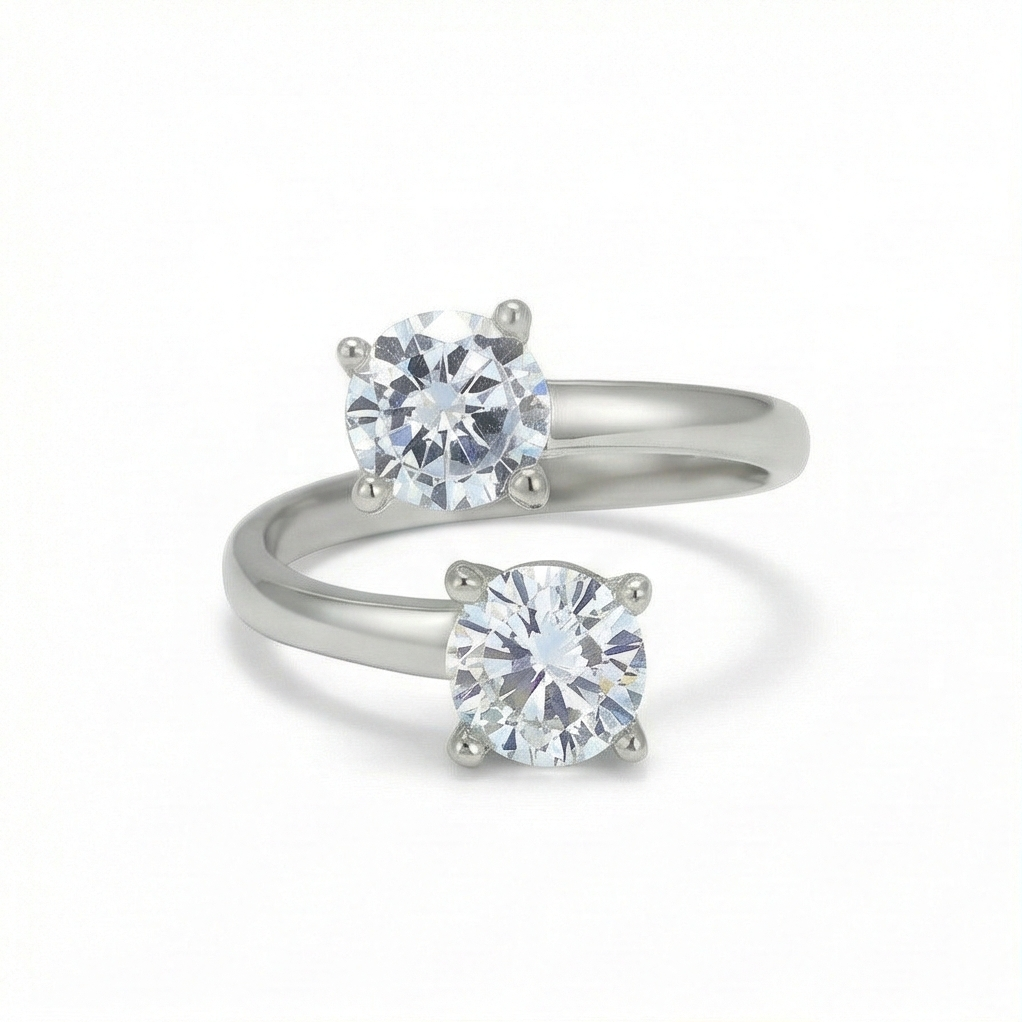 925 Sterling Silver Double Stone Open Adjustable Ring Jewellery for Women