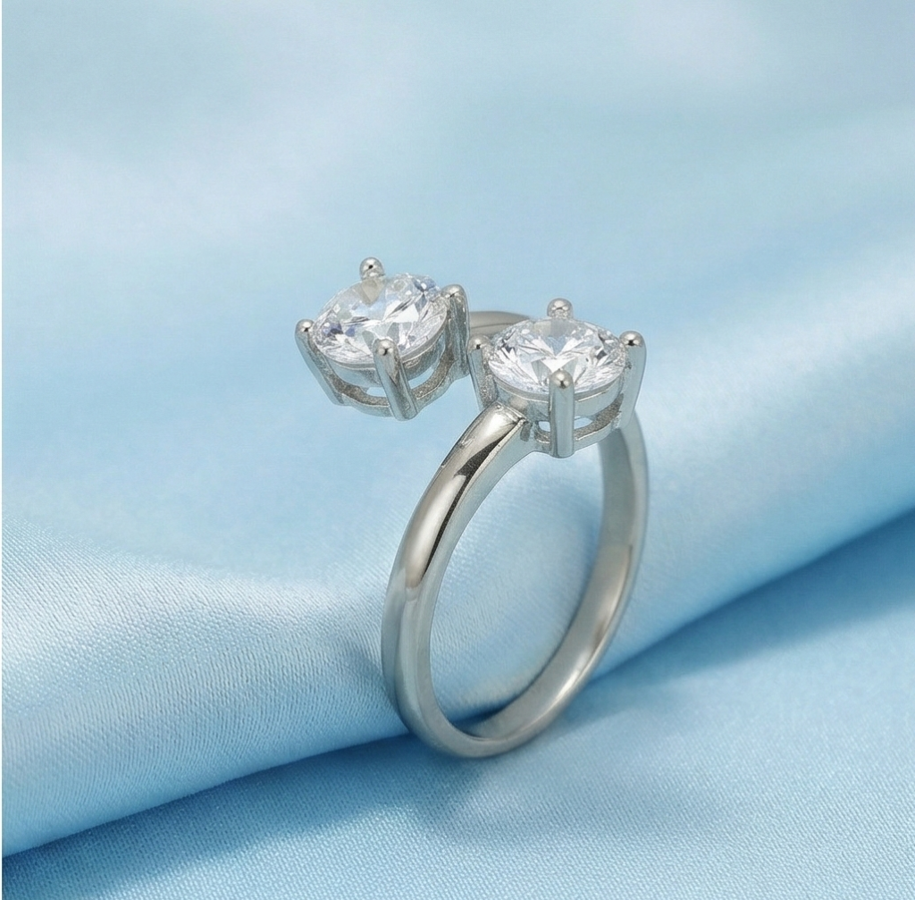 AGOR 925 Sterling Silver Double Stone Open Adjustable Ring Jewellery for Women