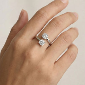 AGOR 925 Sterling Silver Double Stone Open Adjustable Ring Jewellery for Women