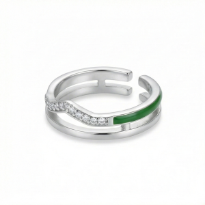 AGOR 925 Sterling Silver Double Layer Wave Green Enamel Open Ring Jewellery for Girls