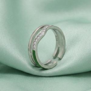 AGOR 925 Sterling Silver Double Layer Wave Green Enamel Open Ring Jewellery for Girls