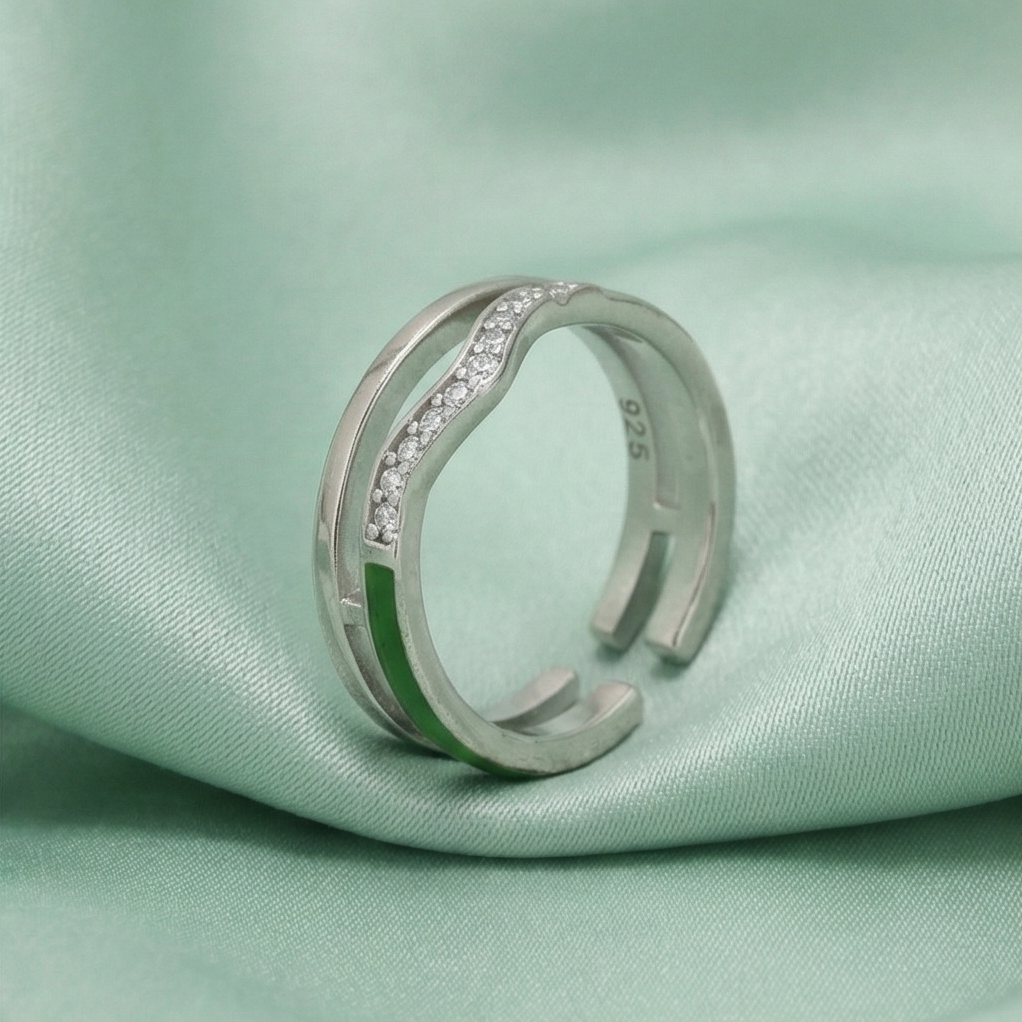 925 Sterling Silver Double Layer Wave Green Enamel Open Ring Jewellery for Girls