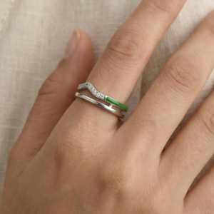 AGOR 925 Sterling Silver Double Layer Wave Green Enamel Open Ring Jewellery for Girls