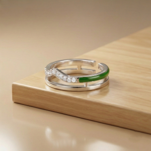 AGOR 925 Sterling Silver Double Layer Wave Green Enamel Open Ring Jewellery for Girls