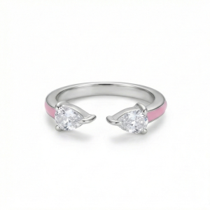 AGOR 925 Sterling Silver Pear Stone Pink Enamel Open Cuff Ring Jewellery for Women