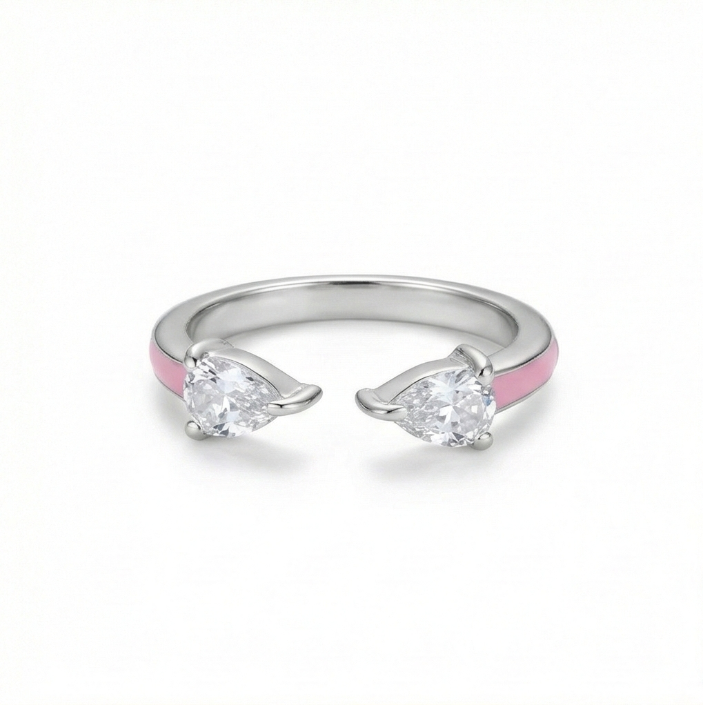 925 Sterling Silver Pear Stone Pink Enamel Open Cuff Ring Jewellery for Women