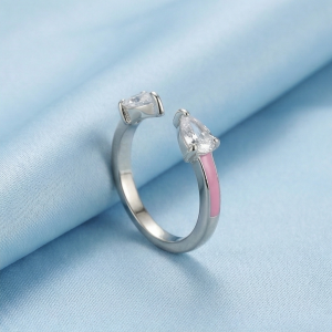 AGOR 925 Sterling Silver Pear Stone Pink Enamel Open Cuff Ring Jewellery for Women