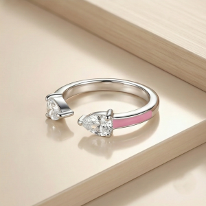 AGOR 925 Sterling Silver Pear Stone Pink Enamel Open Cuff Ring Jewellery for Women