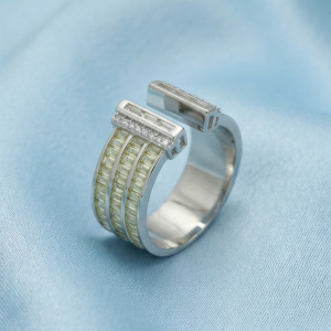 AGOR 925 Sterling Silver Wide Band Baguette Yellow Stone Open Ring Jewellery for Women