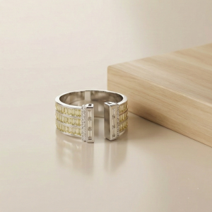 AGOR 925 Sterling Silver Wide Band Baguette Yellow Stone Open Ring Jewellery for Women