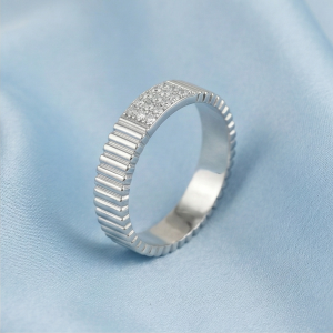AGOR 925 Sterling Silver Fluted Texture Band Pave Set Ring Jewellery for Women