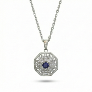 AGOR 925 Sterling Silver Geometric Octagon Blue Stone Halo Pendant Necklace Jewellery for Women