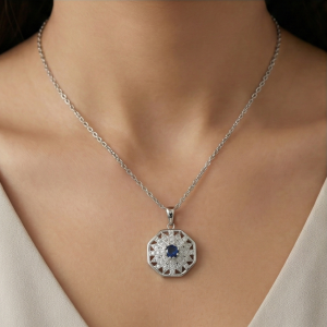 AGOR 925 Sterling Silver Geometric Octagon Blue Stone Halo Pendant Necklace Jewellery for Women