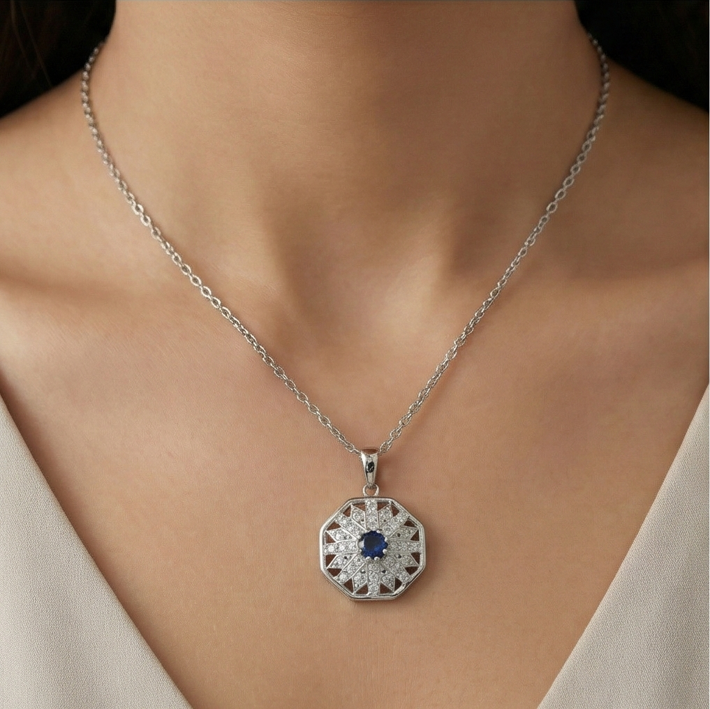 925 Sterling Silver Geometric Octagon Blue Stone Halo Pendant Necklace Jewellery for Women