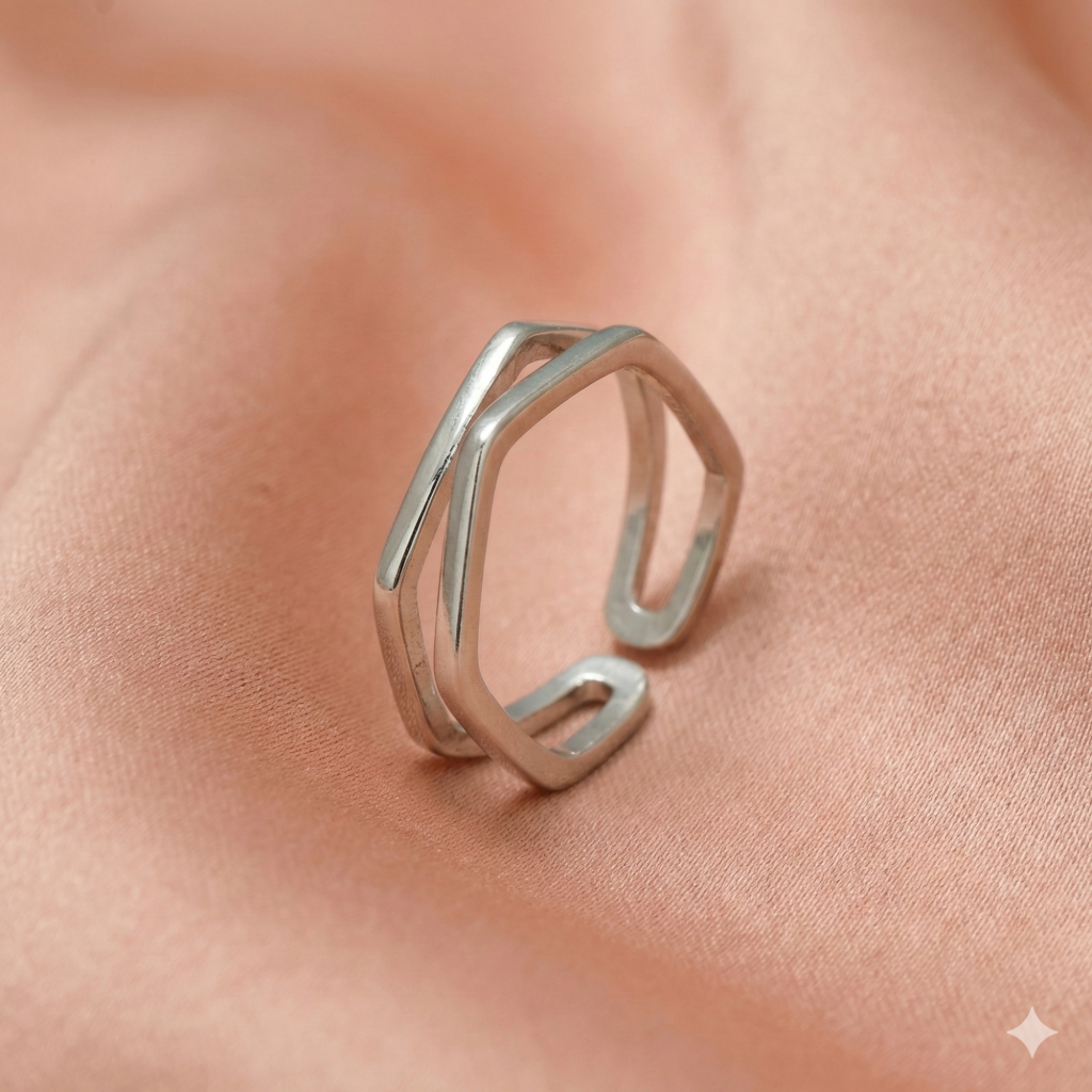 AGOR 925 Sterling Silver Geometric Hexagon Open Ring High Polish Adjustable Minimalist Jewellery for Women
