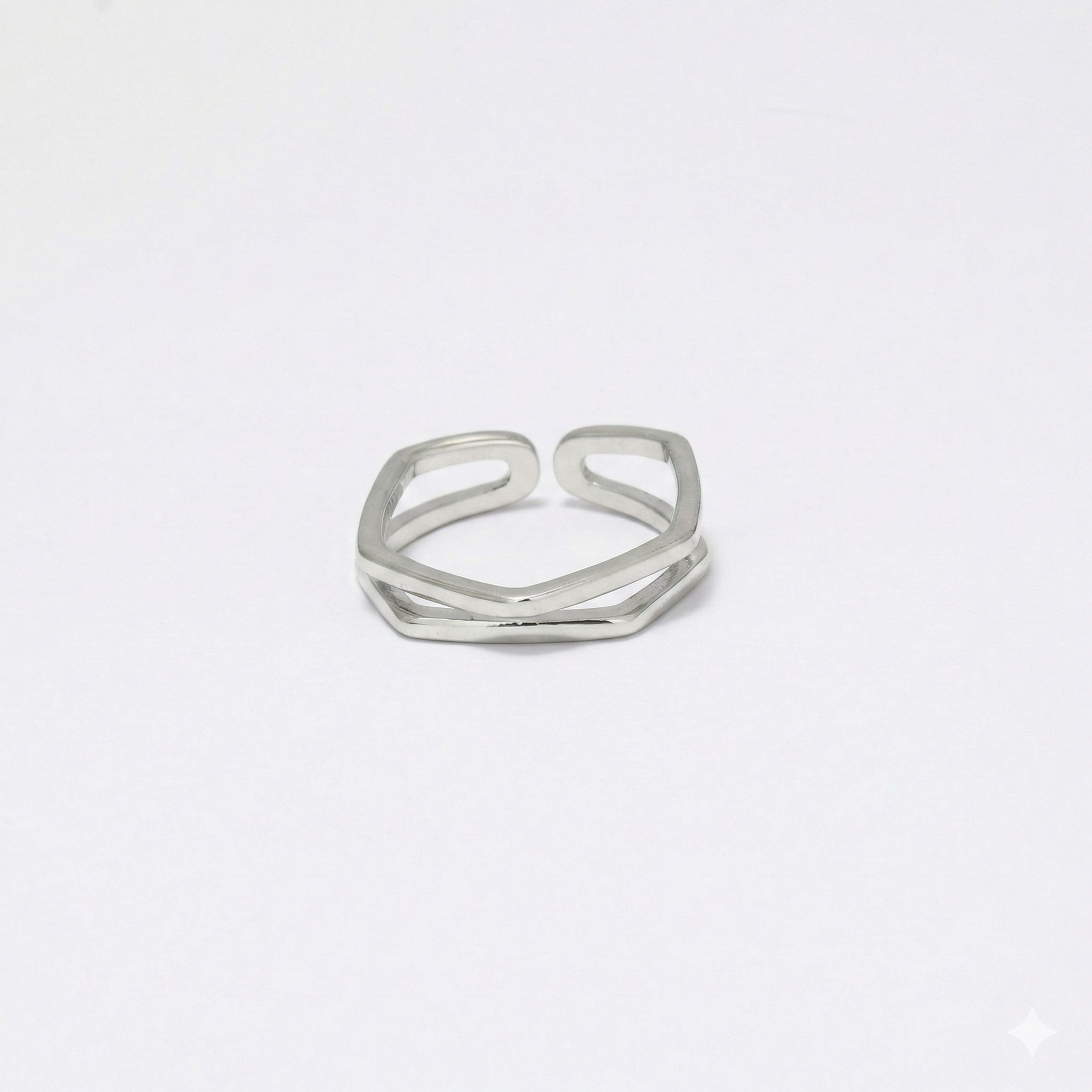 925 Sterling Silver Geometric Hexagon Open Ring High Polish Adjustable Minimalist Jewellery for Women