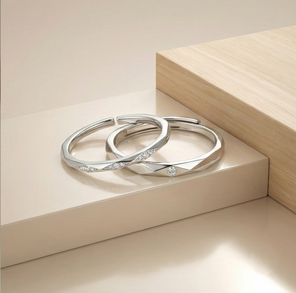AGOR 925 Sterling Silver Adjustable Geometric 2 Rings Set Rhodium Finish Jewellery