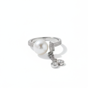 AGOR 925 Sterling Silver Contemporary Pearl and Dangle Charm Ring High Polish Rhodium Jewellery for Women