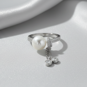AGOR 925 Sterling Silver Contemporary Pearl and Dangle Charm Ring High Polish Rhodium Jewellery for Women