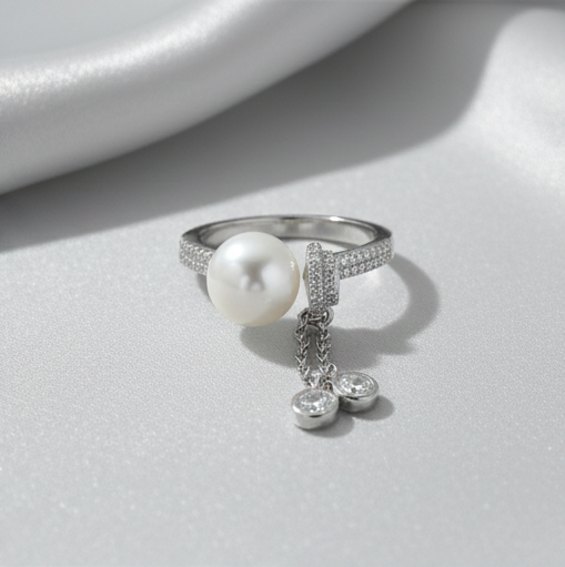 925 Sterling Silver Contemporary Pearl and Dangle Charm Ring High Polish Rhodium Jewellery for Women