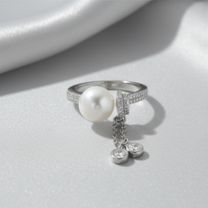 AGOR 925 Sterling Silver Contemporary Pearl and Dangle Charm Ring High Polish Rhodium Jewellery for Women