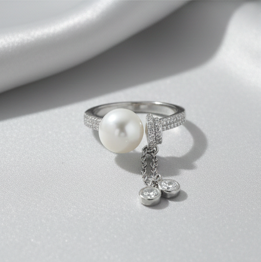 925 Sterling Silver Contemporary Pearl and Dangle Charm Ring High Polish Rhodium Jewellery for Women