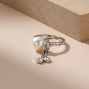 AGOR 925 Sterling Silver Contemporary Pearl and Dangle Charm Ring High Polish Rhodium Jewellery for Women