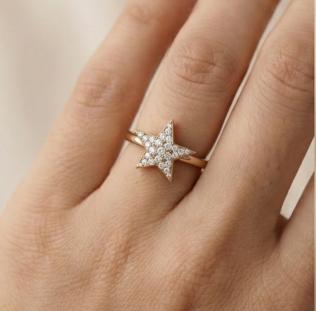 AGOR 925 Sterling Silver Celestial Star Ring Rose Gold Plated Statement Jewellery for Women and Girls