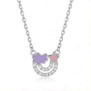 AGOR 925 Sterling Silver Enamel Cloud Star and Rainbow Charm Pendant Necklace Jewellery for Girls