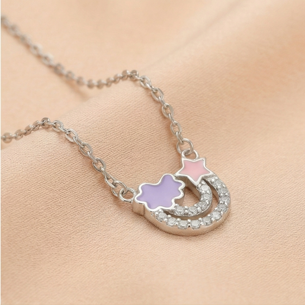 AGOR 925 Sterling Silver Enamel Cloud Star and Rainbow Charm Pendant Necklace Jewellery for Girls