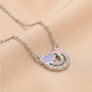 AGOR 925 Sterling Silver Enamel Cloud Star and Rainbow Charm Pendant Necklace Jewellery for Girls