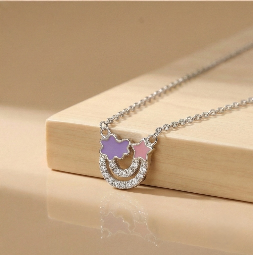 AGOR 925 Sterling Silver Enamel Cloud Star and Rainbow Charm Pendant Necklace Jewellery for Girls
