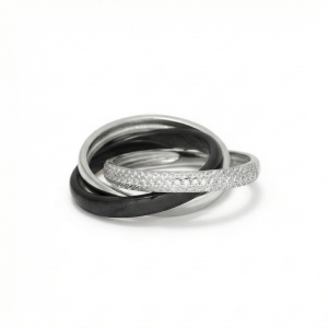 AGOR 925 Sterling Silver Triple Interlocking Rolling Ring Jewellery with High Polish and Black Matte Finish for Women