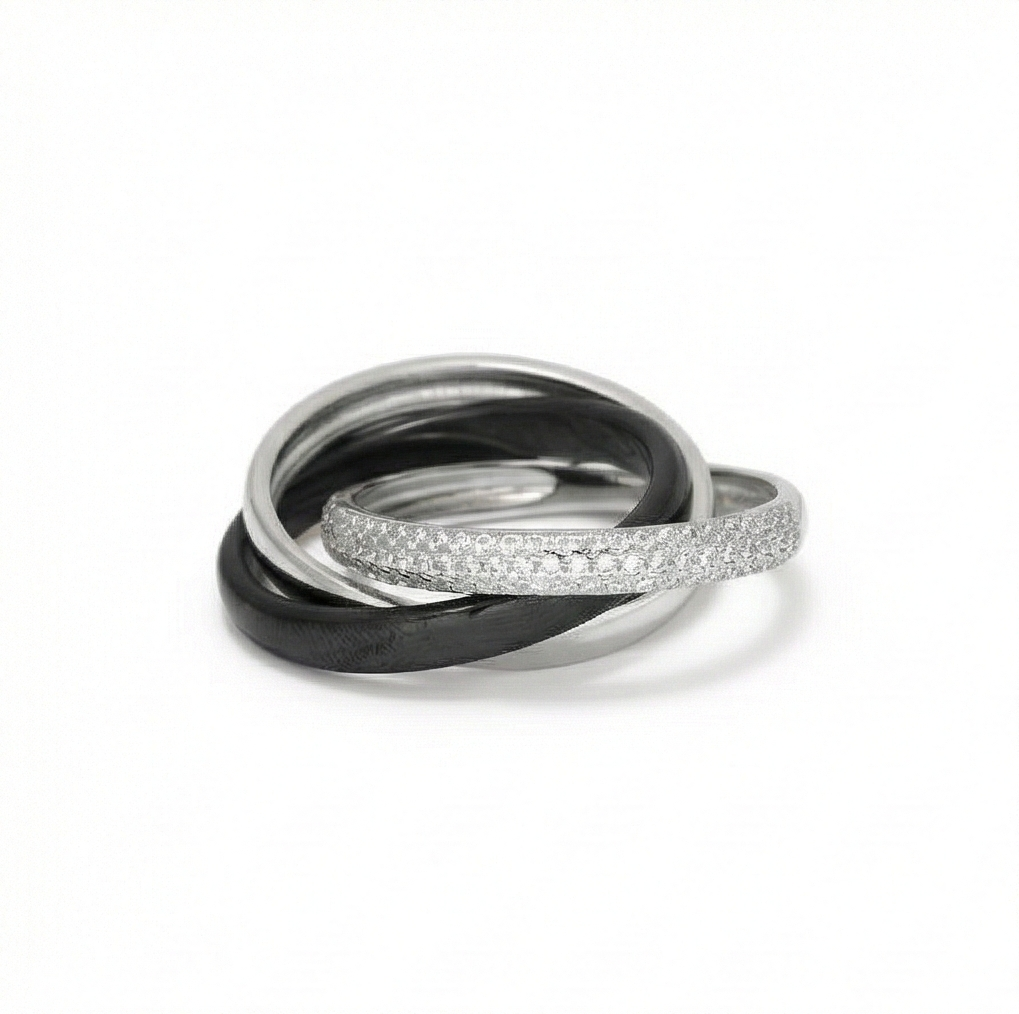 925 Sterling Silver Triple Interlocking Rolling Ring Jewellery with High Polish and Black Matte Finish for Women