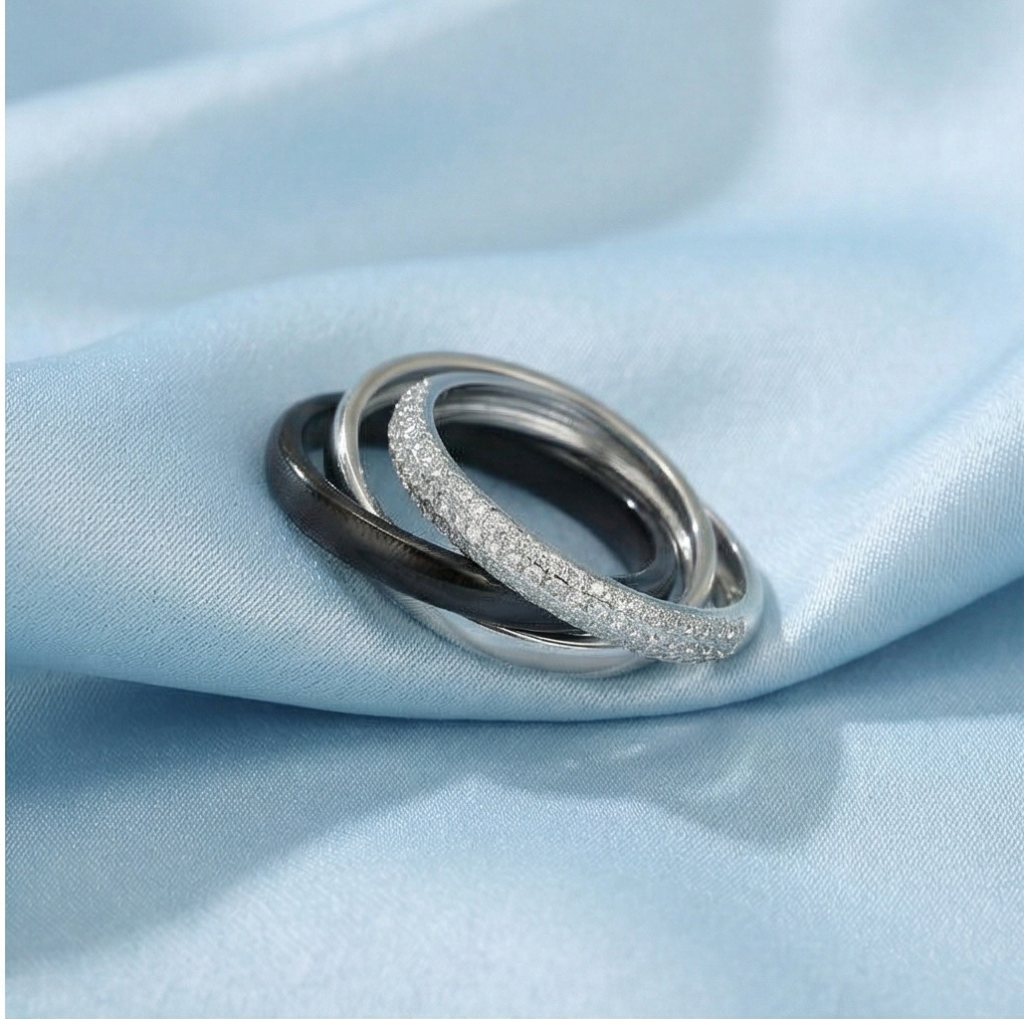 AGOR 925 Sterling Silver Triple Interlocking Rolling Ring Jewellery with High Polish and Black Matte Finish for Women