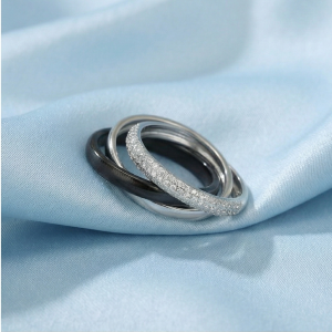 AGOR 925 Sterling Silver Triple Interlocking Rolling Ring Jewellery with High Polish and Black Matte Finish for Women
