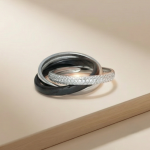 AGOR 925 Sterling Silver Triple Interlocking Rolling Ring Jewellery with High Polish and Black Matte Finish for Women