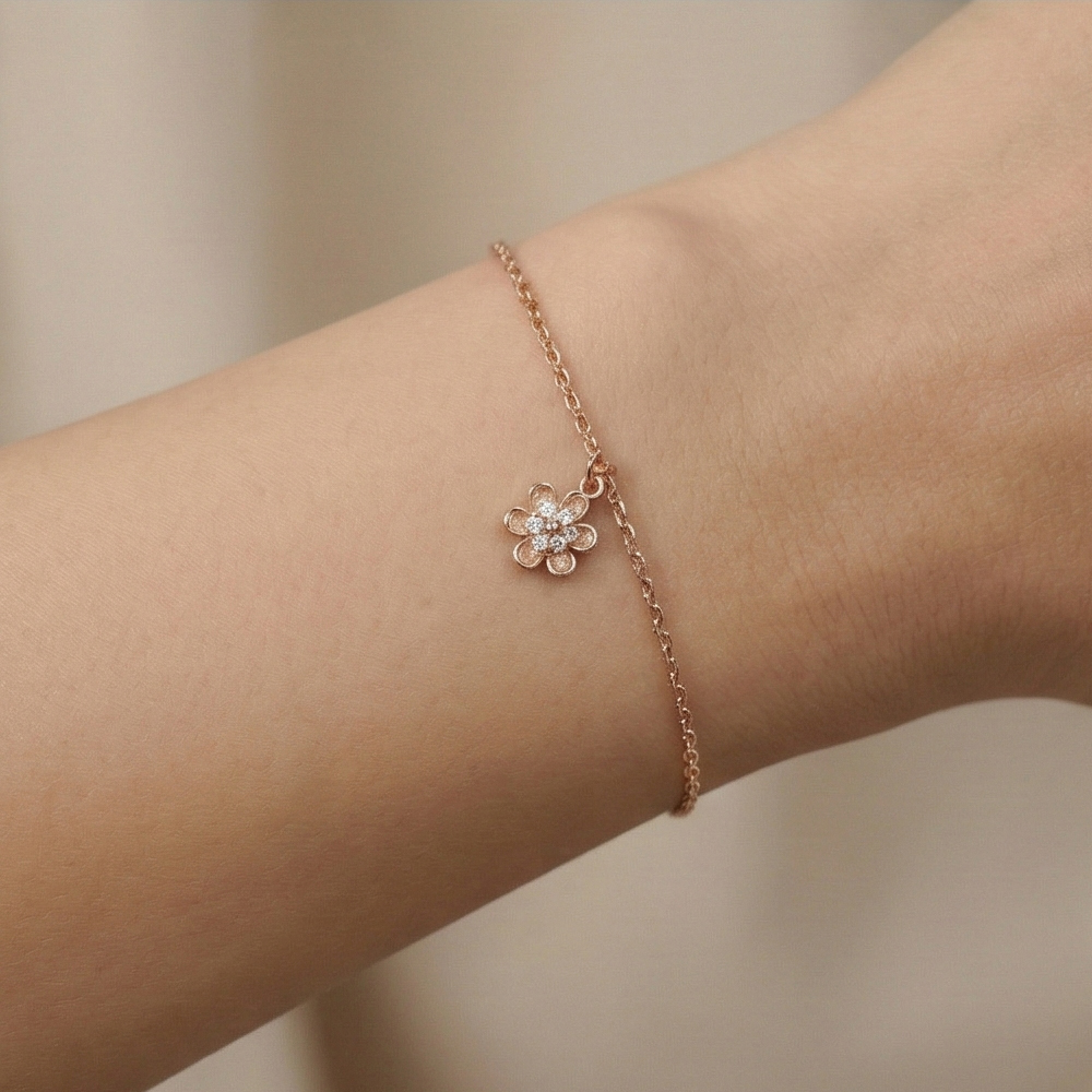 925 Sterling Silver Flower Charm Bracelet Jewellery Rose Gold Plated