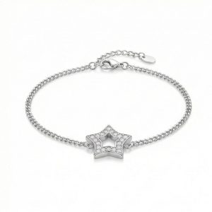 AGOR 925 Sterling Silver Open Star Charm Bracelet Jewellery Rhodium Finish